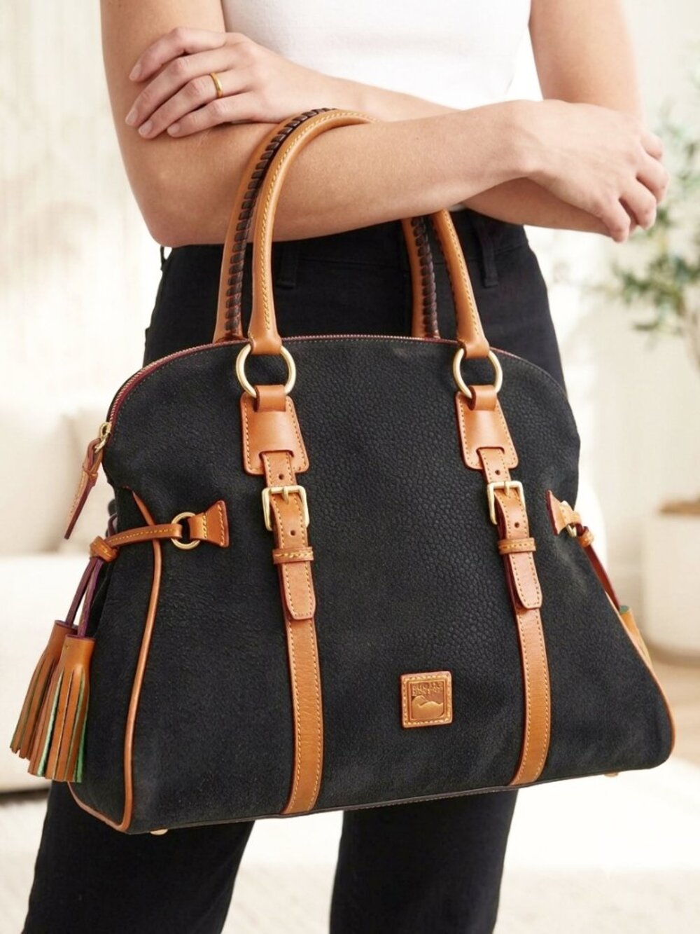 Dooney & Bourke Florentine Domed Blk Pebble Suede Lrg 15” Buckle Satchel Vintage